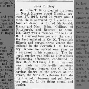 John T Gray Death Notice 8 30 1917 Blairsville Enterprise