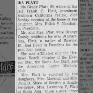 Obituary for Ida Grace PLATT