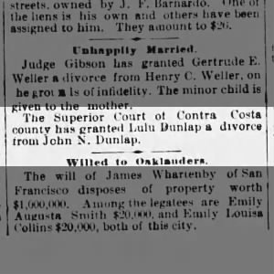 John N Dunlap and Lulu Divorce