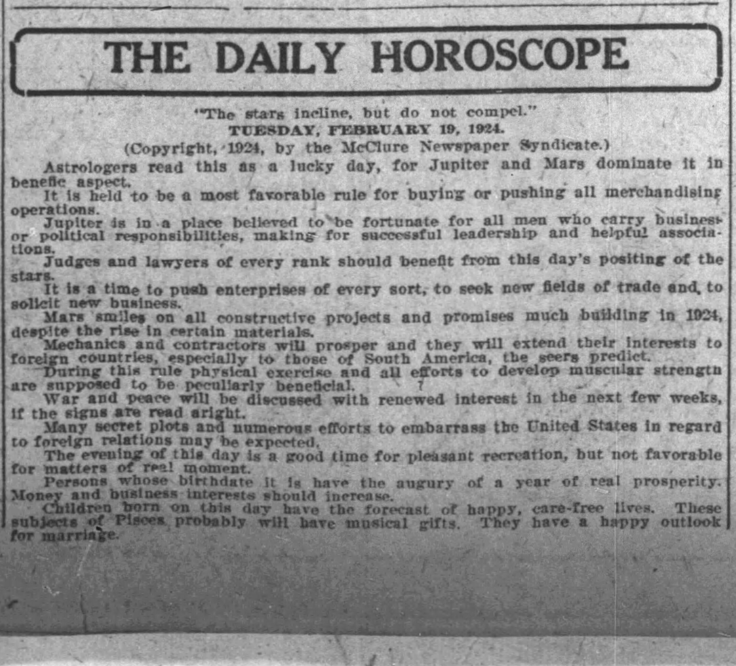 News from February 18, 1924