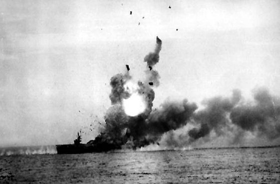 USS St. Lo explodes after being hit by a kamikaze aircraft during Battle of Leyte Gulf
