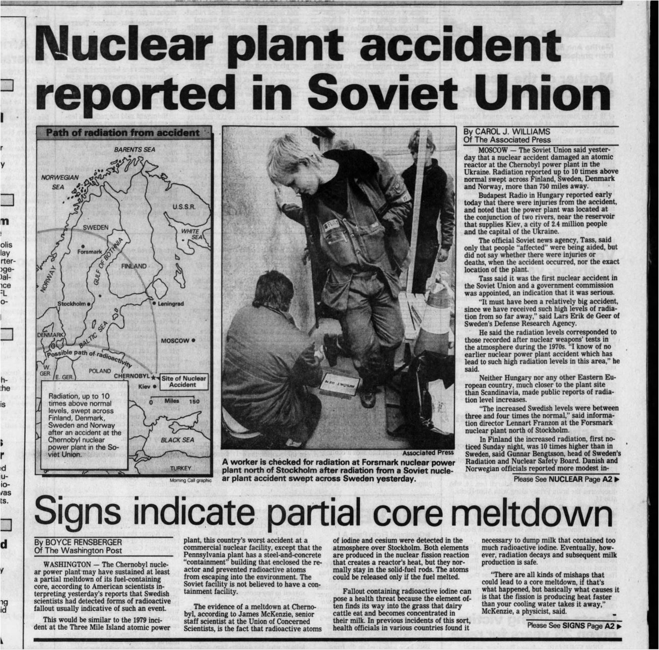 Chernobyl Disaster newspaper headline (The Morning Call via Newspapers.com)