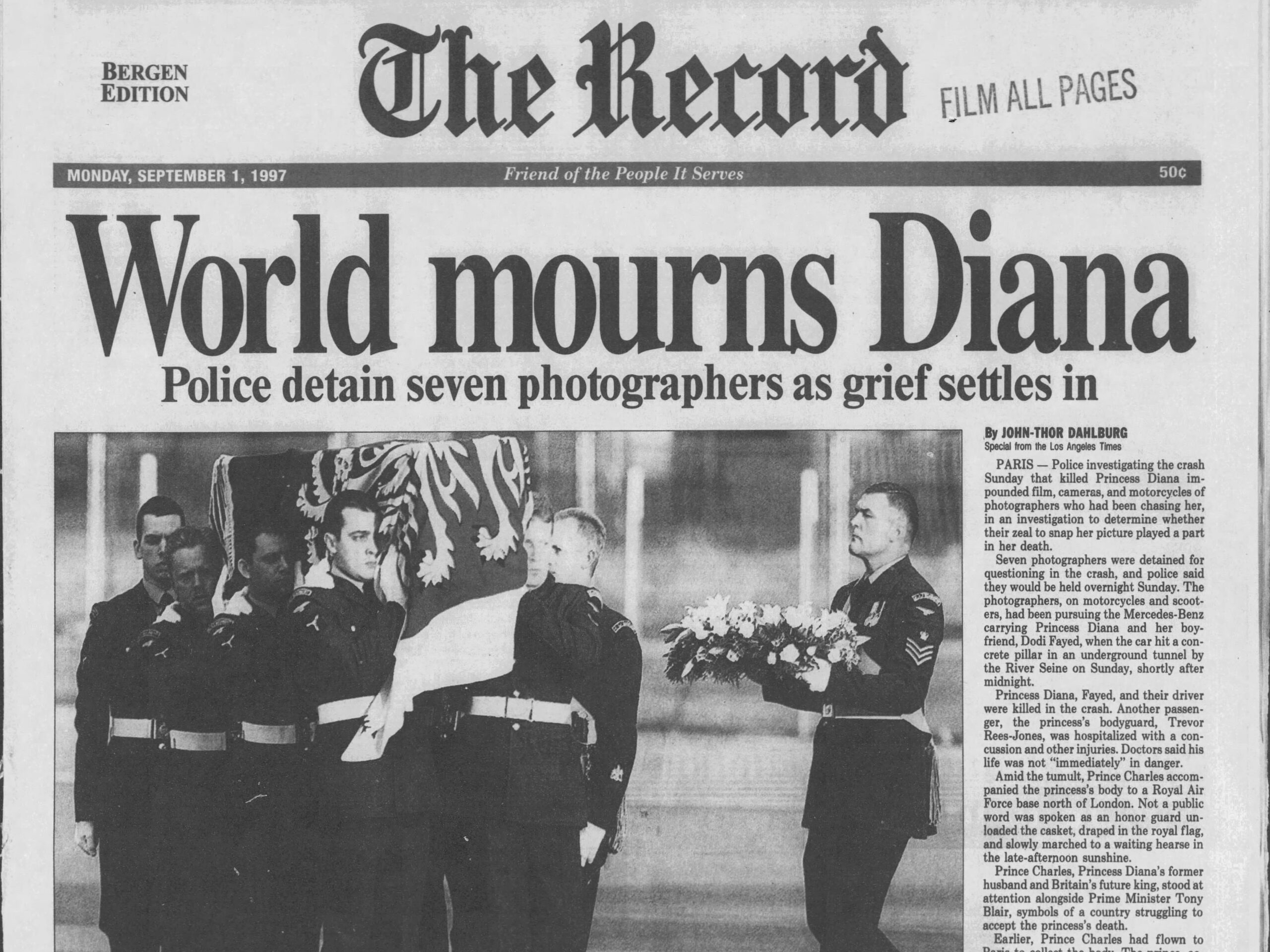 Headlines about death of Princess Diana (The Record, via Newspapers.com)