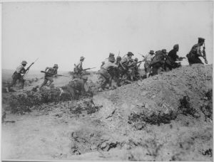 Australian troops charging near a Turkish trench during the Gallipoli Campaign, circa 1915