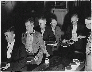 Unemployed men at a soup kitchen during the Great Depression, 1936