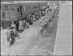Japanese Americans arrive by train to await internment processing in California 