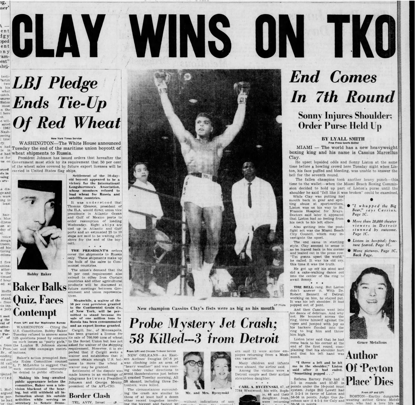 Cassius Clay (Muhammad Ali) wins heavyweight boxing championship, 1964 (The Detroit Free Press, via Newspapers.com)