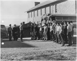 Navajo U.S. Marine Corps code-talker recruits being sworn in at Fort Wingate