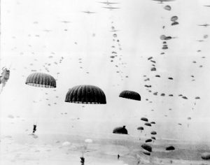 Paratroops landing in the Netherlands during Operation Market Garden in September 1944