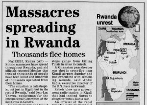 Newspaper headline about the Rwandan Genocide (Alexandria Daily Town Talk, via Newspapers.com)