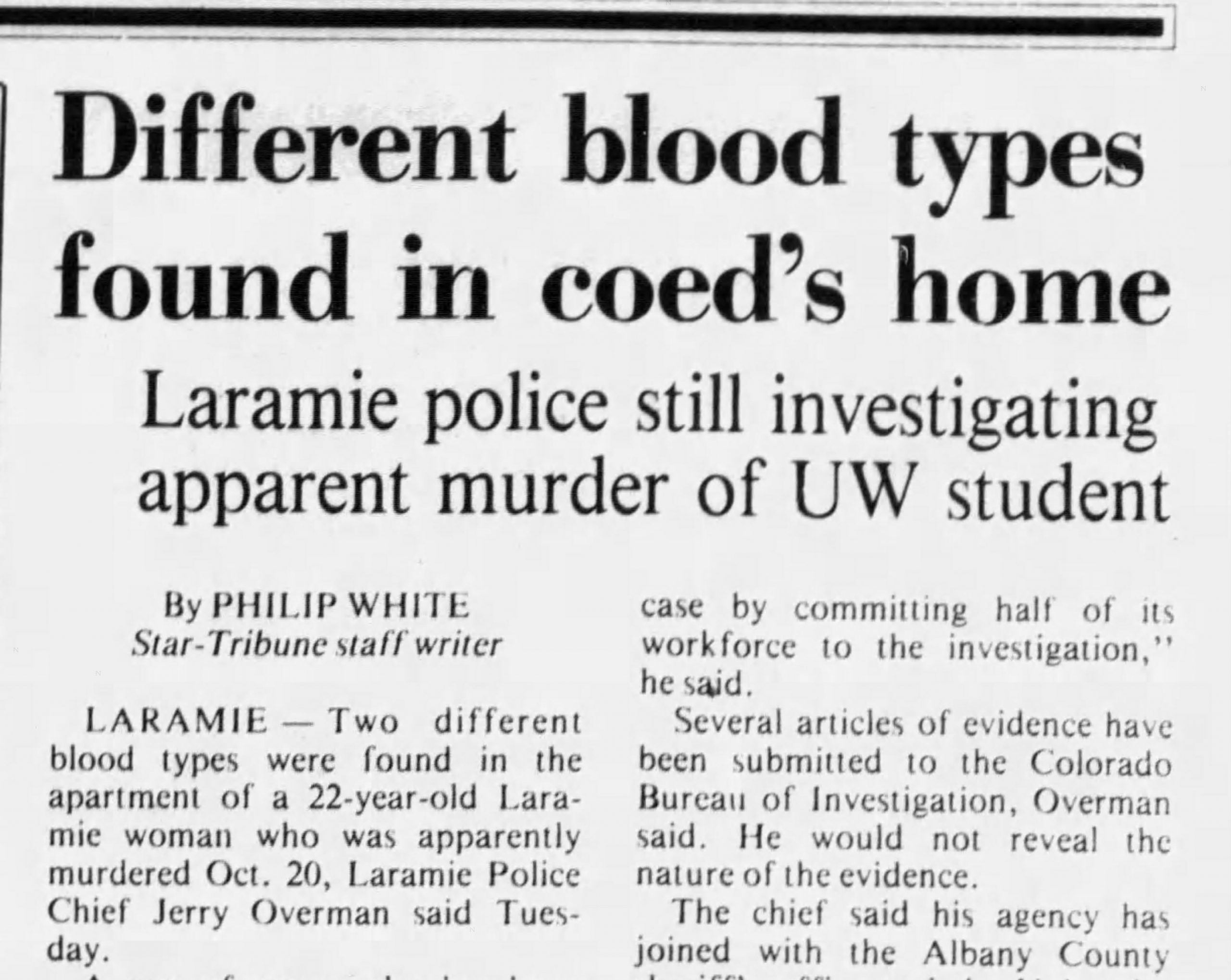 Headline about the Shelli Wiley murder case. 30 Oct 1985. (Casper Star-Tribune, via Newspapers.com™)