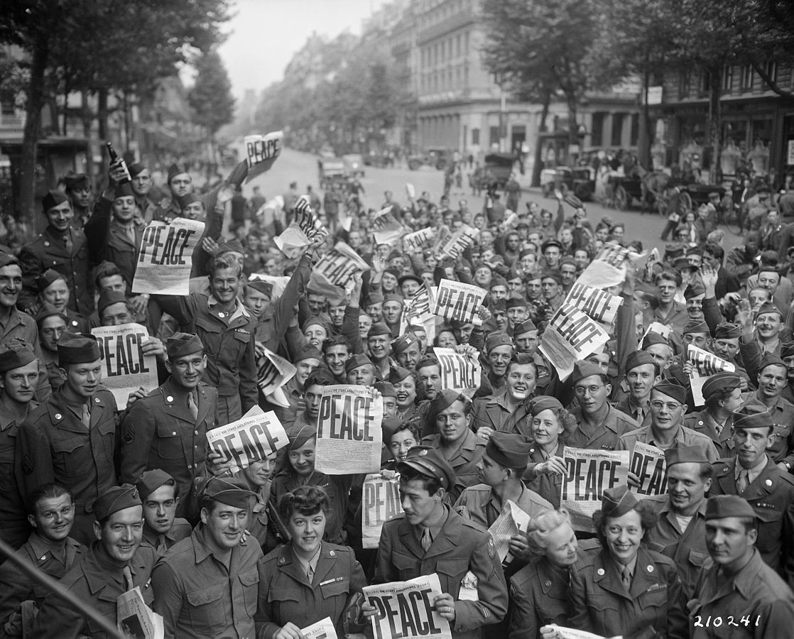 American servicemen and women in Paris to celebrate V-J Day, August 15, 1945
