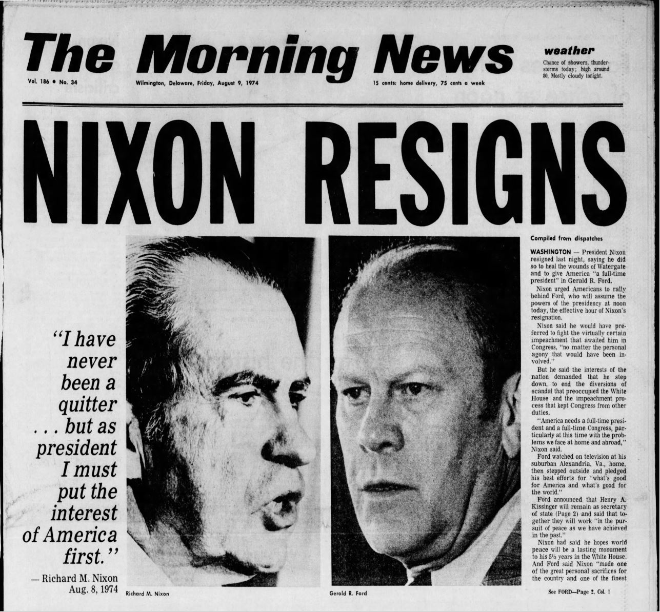 Headlines announcing Nixon's resignation following the Watergate scandal (The Morning News, via Newspapers.com)