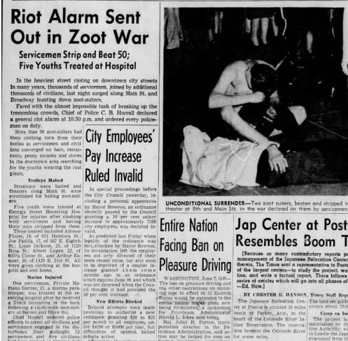 Headlines from the Zoot Suit Riot (Los Angeles Times, via Newspapers.com)